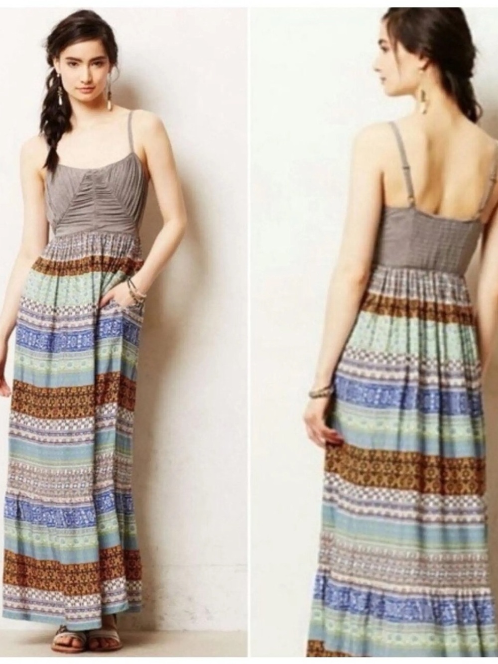 Anthropologie Lilka Boho Stripe Maxi Dress in Gray and Multicolor